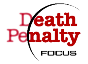 Death Penalty FOCUS logo; the words 'Death Penalty' in crimson red, with the word 'FOCUS' beneath, and a semi-circular black swash suggestive of a camera lens or a magnifying glass superimposed atop the words. The portion of the red 'Death Penalty' visible outside the magnifying glass is blurred, and the portions within are in focus.